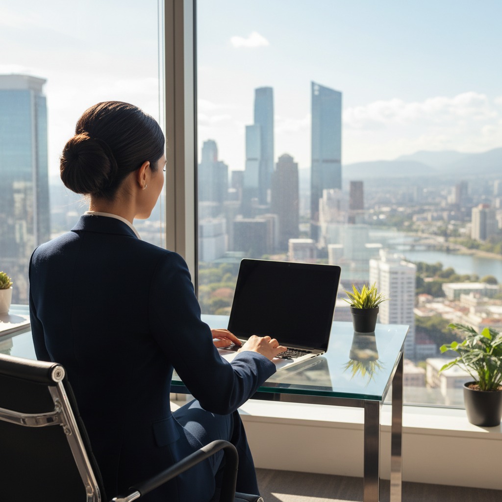 Una donna in giacca blu lavora al computer portatile seduta a una scrivania davanti a una grande vetrata con vista su una città.